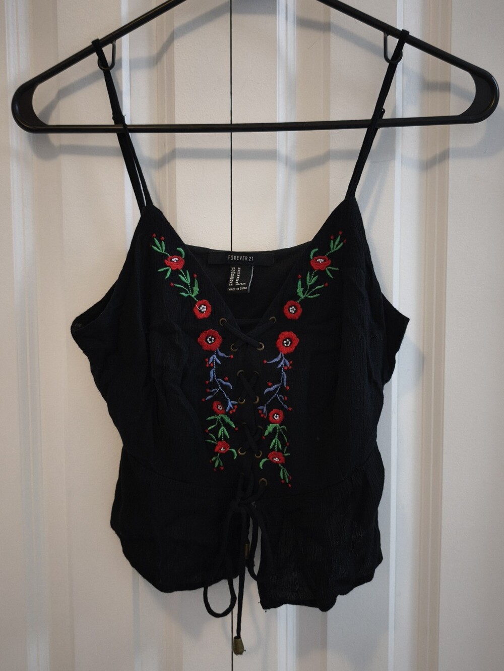 Forever 21 Black Floral Embroidered Lace-Up Cami